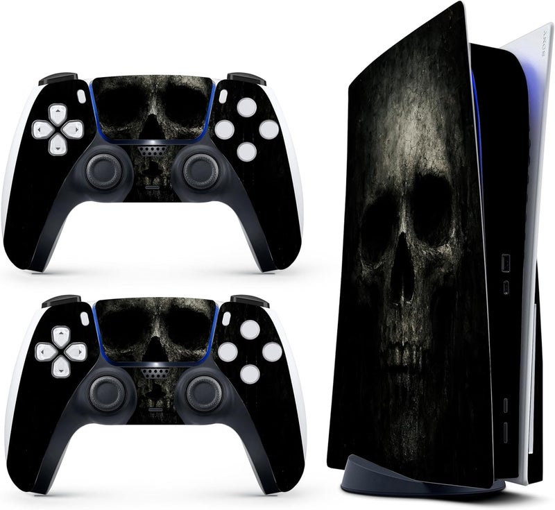 TracyArt Skin Sticker for Game Console 5 Cover - Black Skull, Compatible with Both Disc Edition & Digital Edition (not Slim Ver) - 2 Controller Skins & Console Skin - No Bubble, Full Protection, Removable - Image 1